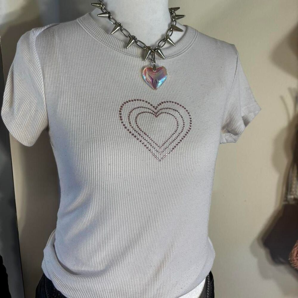 Y2K Rhinestone Heart Ribbed Baby Tee | Fits XS/S - Picture 2 of 4